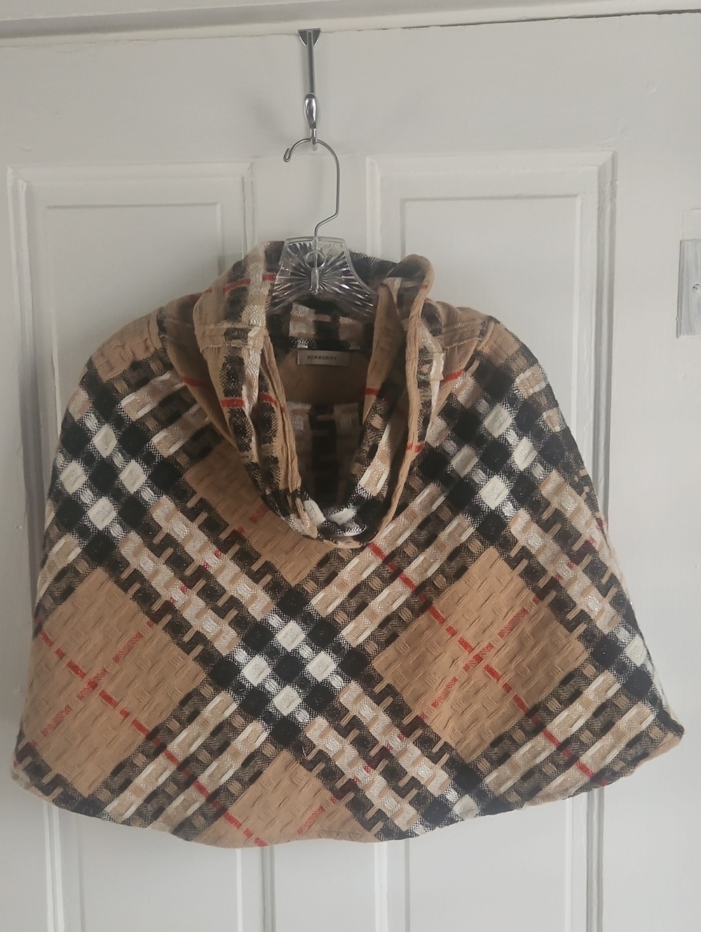 Burberry Plaid Hooded Cape in Tan, Black and Cream